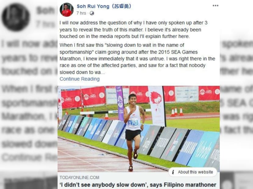 In a Facebook post on Friday, SEA Games champion Soh Rui Yong said that he spoke up only after three years to “reveal the truth”, because he thought at the time that it “wasn’t a big deal”.