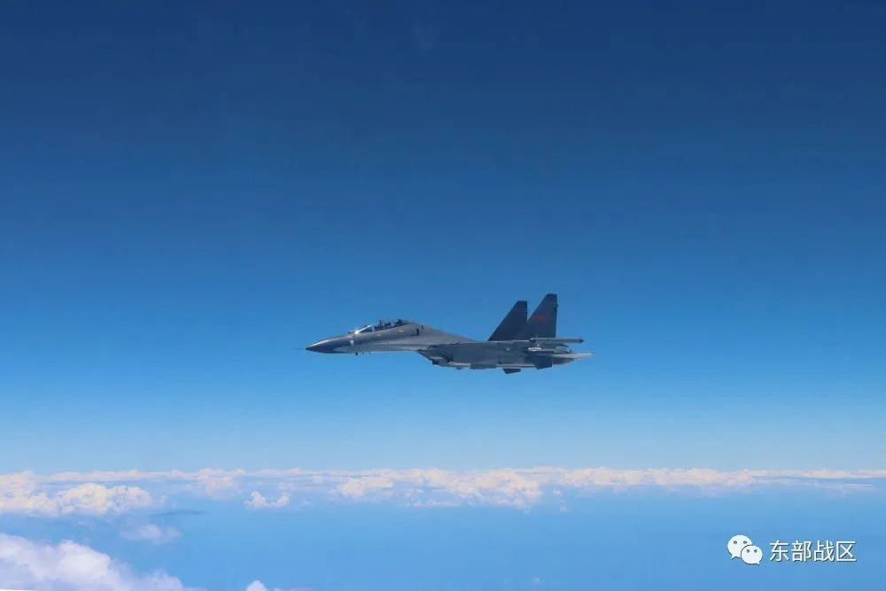 An Air Force aircraft under the Eastern Theatre Command of China's People's Liberation Army (PLA) takes part in military exercises in the waters around Taiwan, in this Aug 4, 2022 handout released on Aug 5, 2022.