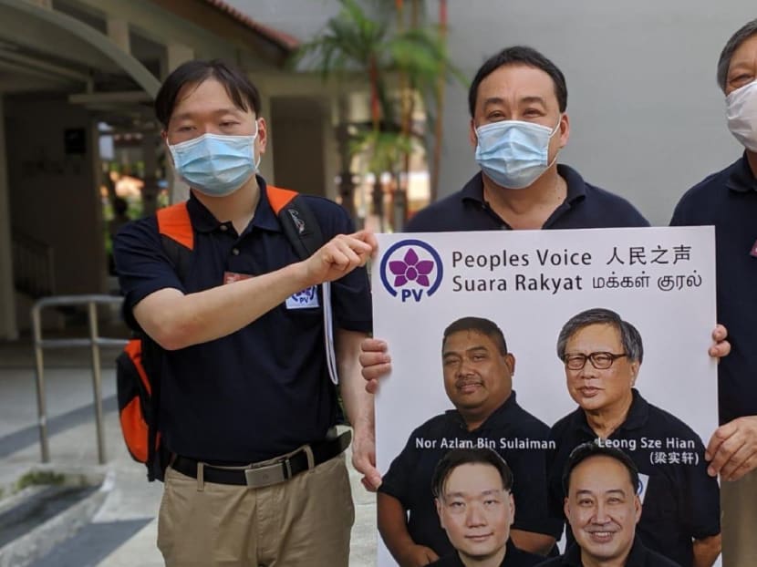 Peoples Voice candidates (from left) Michael Fang Amin, Lim Tean and Leong Sze Hian on Nomination Day, June 30, 2020.
