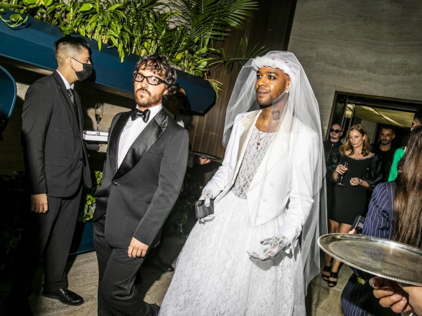 Kid Cudi wears a lace gown at the 2021 CFDA Fashion Awards in New York, Nov 10, 2021. Lace is not just for women’s lingerie and dresses anymore — guys are flirting with the see-through material.