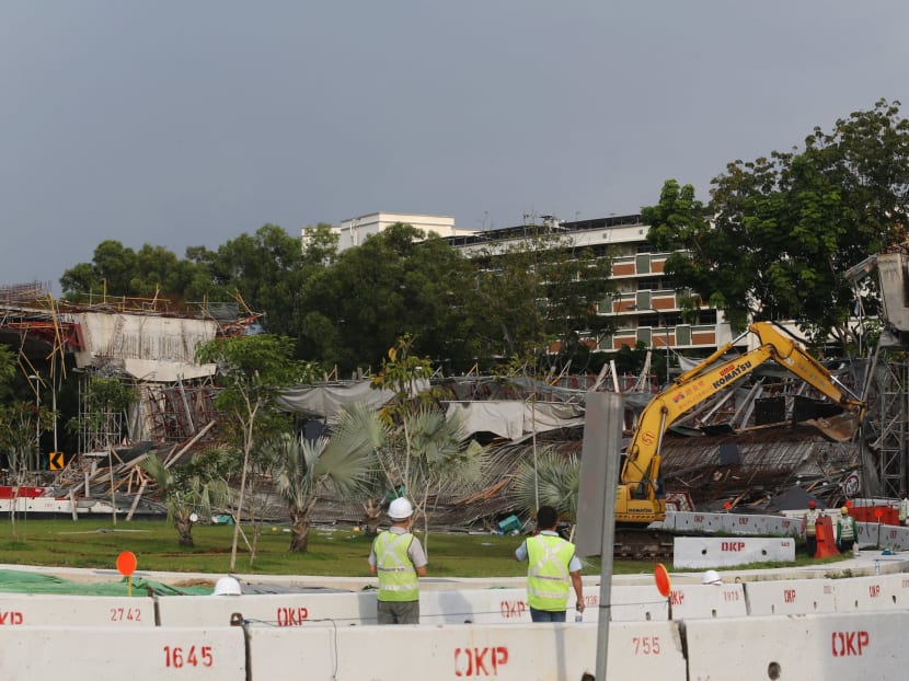 The collapsed section of the viaduct at Upper Changi Road East near the junction of the Pan-Island Expressway. Photo: Koh Mui Fong/TODAY