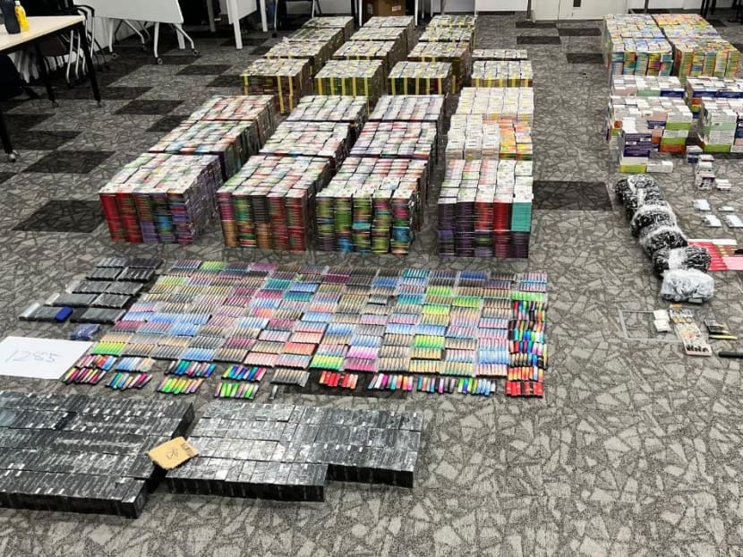 Assorted e-vaporisers and pods seized at a unit in the Upper Bukit Timah vicinity on Feb 16, 2022.