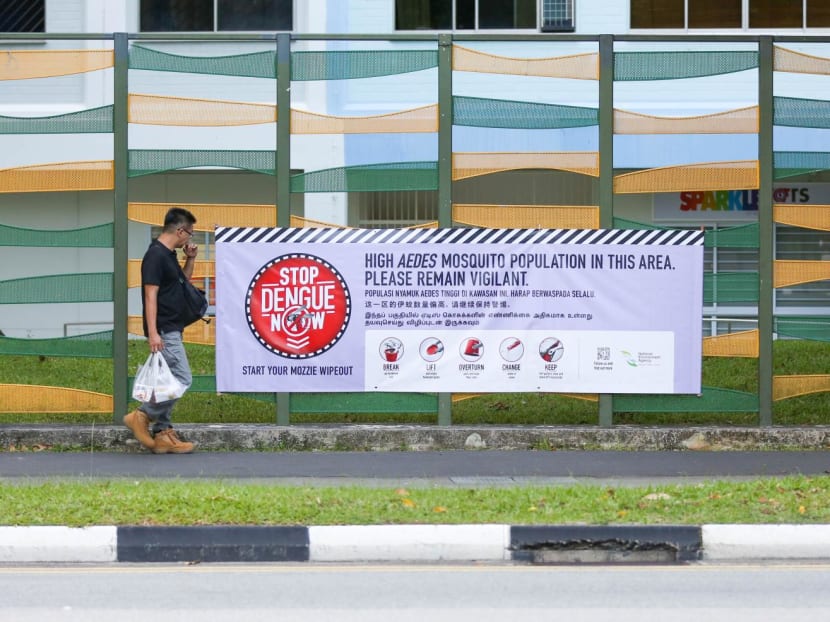 A dengue awareness banner is seen at 414 Pasir Ris Drive 6 on March 30, 2022.