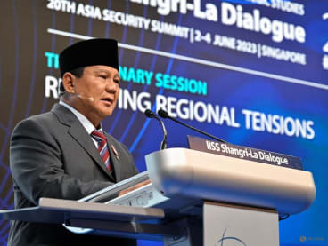 Indonesia's Minister of Defence Prabowo Subianto speaks at a plenary session of the 20th IISS Shangri-La Dialogue in Singapore June 3, 2023. REUTERS/Caroline Chia/ File Photo