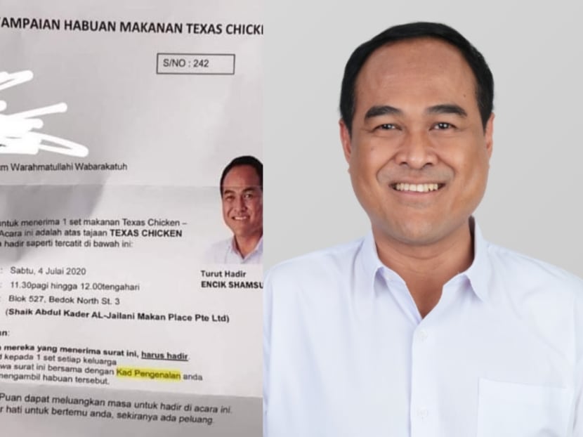 The photo being circulated on social media (left) of a letter, signed by Mr Shamsul Kamar (right), inviting Kaki Bukit residents to a food distribution event at Block 527 Bedok North Street 3. The photo being circulated on social media (left) of a letter, signed by Mr Shamsul Kamar (right), inviting Kaki Bukit residents to a food distribution event at Block 527 Bedok North Street 3.