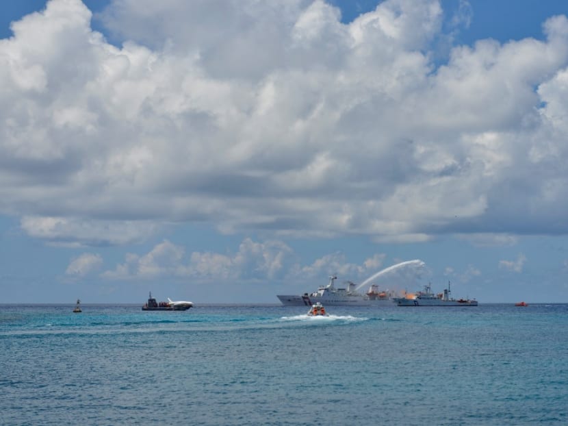Taiwan's coast guard vessels participate in a drill at the South China seas off Taiping island on May 21, 2019.