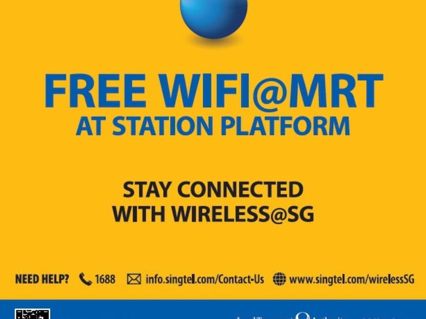 Posters that will indicate the availability of free WiFi connections at selected MRT station platforms. Photo: LTA