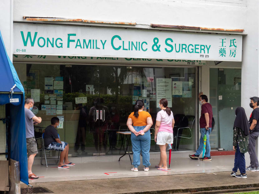 Patients waiting outside a clinic on Feb 10, 2022. 