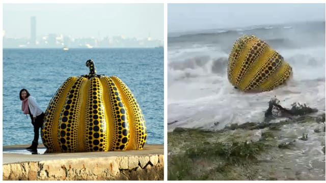 日本刮飓风 草间弥生“黄色大南瓜”雕像遭卷入大海