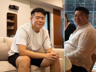 Mr Bernard Sim pictured in May 2024 (left) and in 2018 (right) before he underwent bariatric and body contouring surgeries.