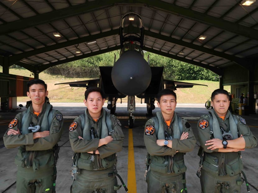 The four Republic of Singapore Air Force personnel who responded to the alleged bomb threat on board Scoot flight TR634 on Thursday afternoon. (From left to right) Captain Chong Qiu Wei, Cpt Loy Shi Bin, Cpt James Chai Wang Cong, Major Peter Liow Tian Heng.