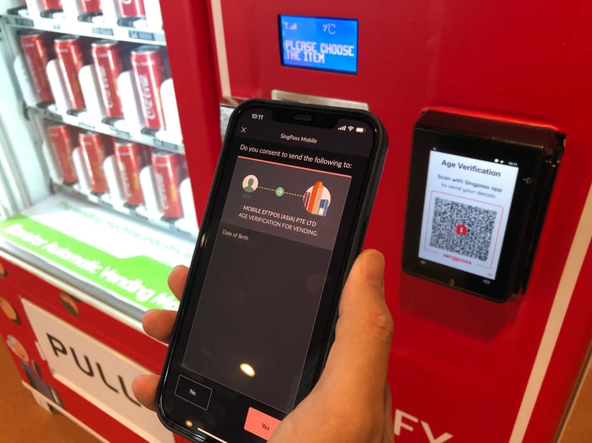 The payment terminal on the vending machine will prompt users to scan a QR code using the SingPass app to verify their age before alcoholic drinks can be dispensed.
