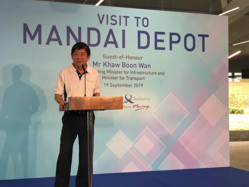 Transport Minister Khaw Boon Wan speaking during a visit to Mandai Depot, where the trains for the Thomson-East Coast Line will be housed.