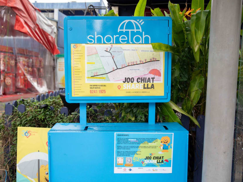 There were no umbrellas available for use at a Joo Chiat Sharella kiosk located at a bus stop along East Coast Road on Jan 18, 2024. 
