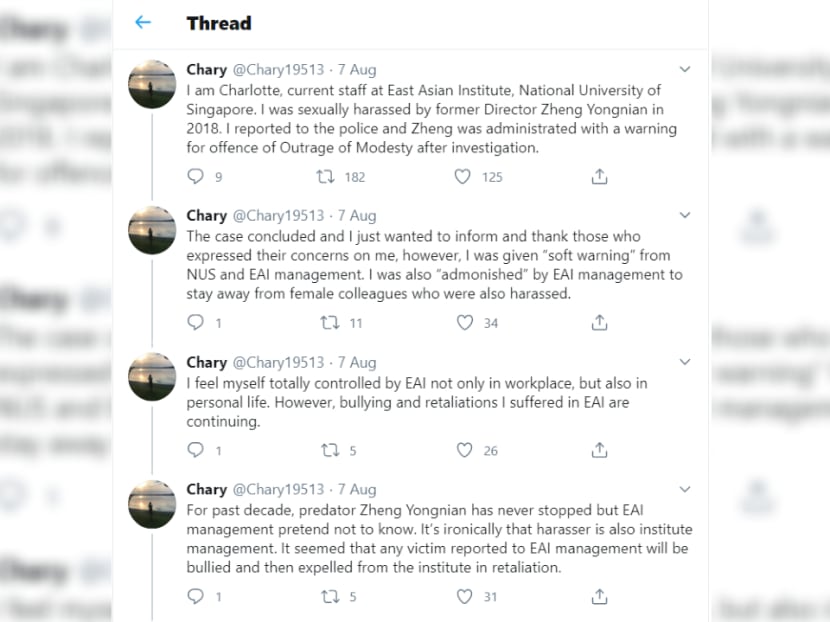An employee of the East Asian Institute claimed that she had been given a “soft warning” by the institute and the National University of Singapore and had suffered “bullying and retaliations”. An employee of the East Asian Institute claimed that she had been given a “soft warning” by the institute and the National University of Singapore and had suffered “bullying and retaliations”.