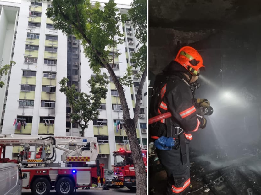 A fire engulfed the master bedrooms of three flats on three floors of Block 141 Yishun Ring Road (left).