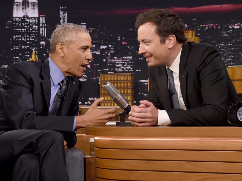 US President Barack Obama (left) speaks with host Jimmy Fallon on the set of The Tonight Show Starring Jimmy Fallon. The president was in New York to raise money for Democrats and to reach out to young voters. Photo: Pool Photo via AP