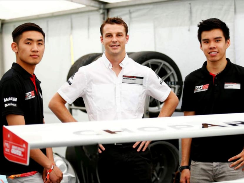 Singaporean race driver Andrew Tang (right) with his team-mate Zhang Dasheng (left) of China and their trainer Earl Bamber. The two drivers will make ­Supercup history as the first all-Asian team to compete in Porsche’s top one-make competition. Photo: PCCA