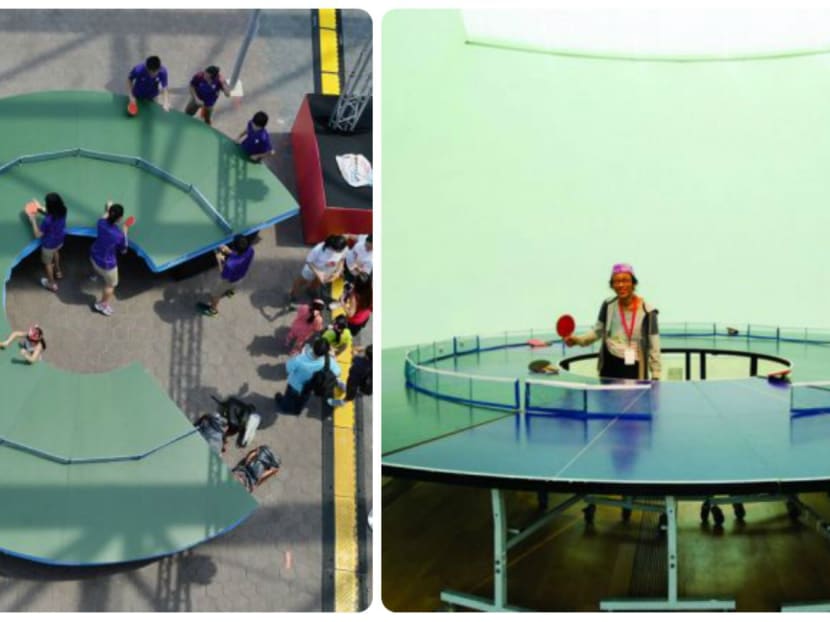 The circular Ping Pong table at the SEA Games carnival for children (left) and Lee Wen's artwork titled Ping Pong Go-Round. Photos: Robin Choo/TODAY, Marina Bay Sands.