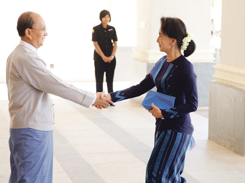 Myanmar President Thein Sein (left) meeting opposition leader Aung San Suu Kyi at the Presidential Palace in Naypyidaw yesterday. Photo: AP