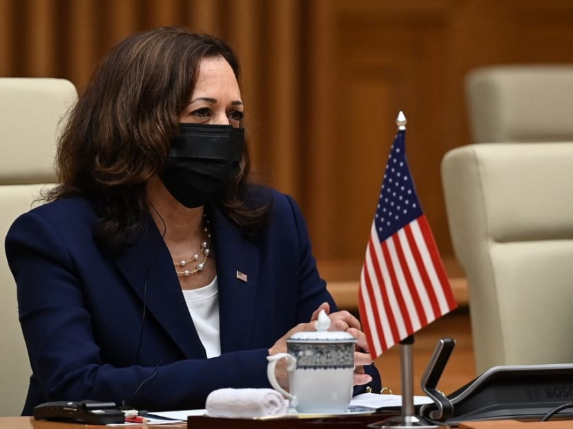 US Vice President Kamala Harris attends a meeting with Vietnam's Prime Minister Pham Minh Chinh at the Government office in Hanoi on Aug 25, 2021.