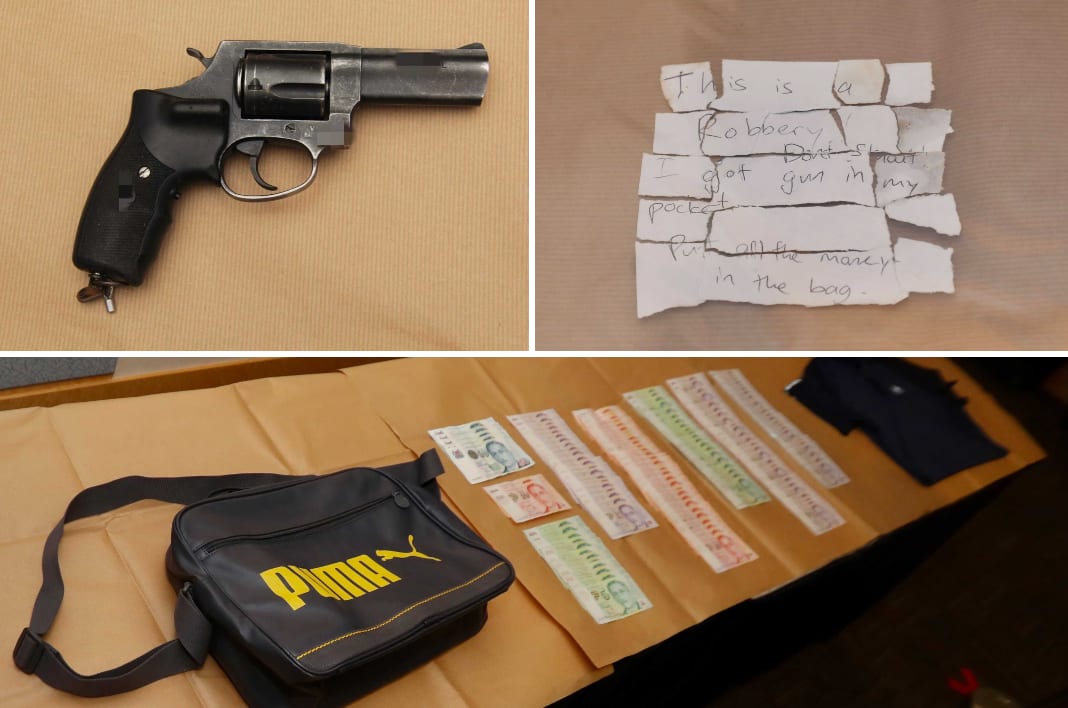 Items seized by the police in an armed robbery that happened on April 12, 2021: Firearm (top left), the note a man gave to a shop employee (top right), and the bag the man was carrying as well as the stolen cash (bottom). Items seized by the police in an armed robbery that happened on April 12, 2021: Firearm (top left), the note a man gave to a shop employee (top right), and the bag the man was carrying as well as the stolen cash (bottom).