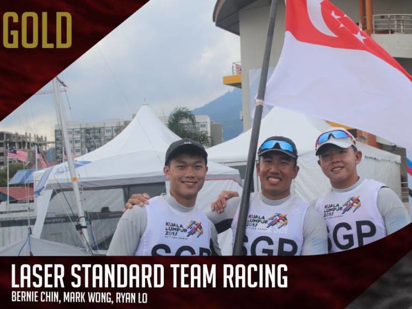 Ryan Lo, Bernie Chin and Mark Wong pipped hosts Malaysia to win the men’s team racing dinghy laser standard at the National Sailing Centre in Langkawi. Photo: Singapore Sailing Federation Facebook page