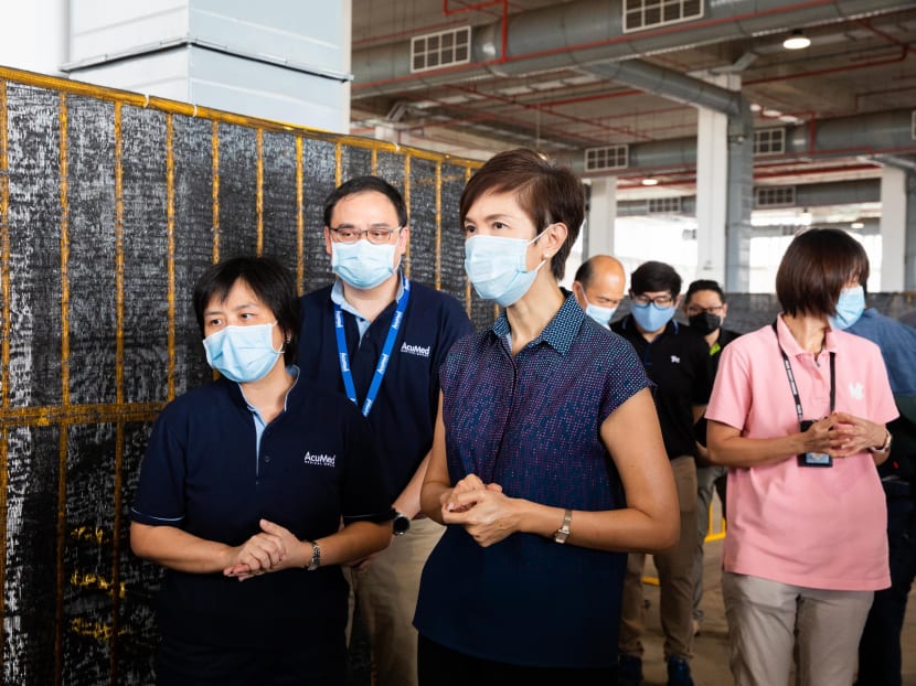 Manpower Minister Josephine Teo on May 10, 2020, visiting JTC Space @ Tuas, which will start operations as a medical facility on May 11, 2020.