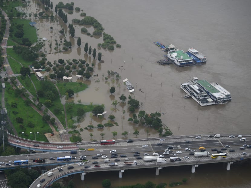 This photo taken on Aug 6, 2020 shows a flooded park on Yeouido island following heavy rainfall in central Seoul.