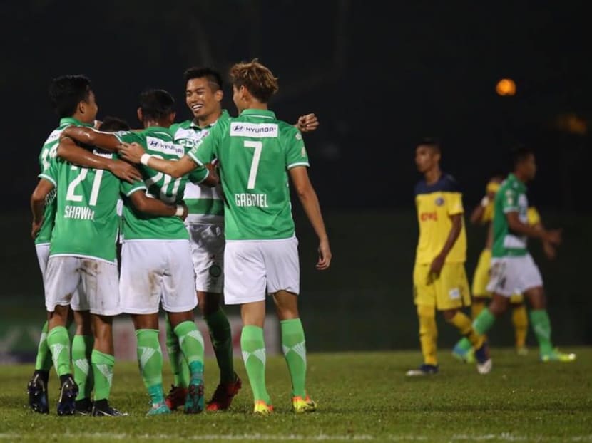 Al-Qaasimy Rahman (facing camera) recorded a personal milestone by scoring his first S.League goal. Photo: S.League