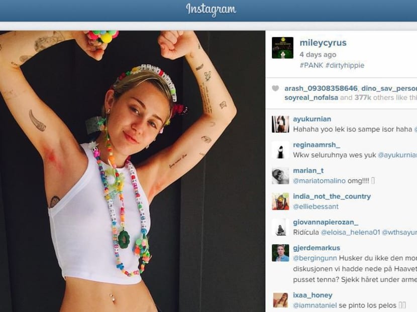 Miley Cyrus posted a photo of herself with pink armpit hair in her support of the Happy Hippie Foundation that helps homeless and lesbian, gay, bisexual, and transgender (LGBT) youth. Photo: Instagram/mileycyrus