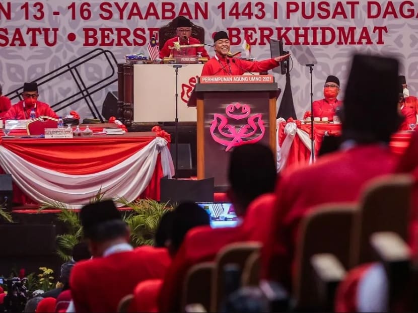 Umno president Ahmad Zahid Hamidi addressing party members at the party's general assembly on March 18, 2022.