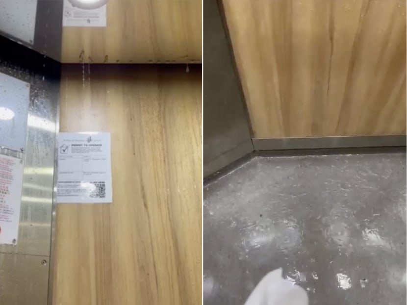 A four-second video posted by Reddit user “Kiatme” on Feb 28, 2023 showed water flooding into a lift (pictured) through its ceiling at Block 170 Hougang Avenue 1.