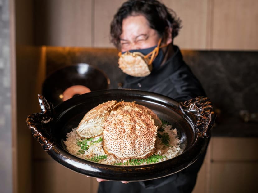 At Les Amis Group's new omakase restaurant, the Japanese chef wears a crab shell mask