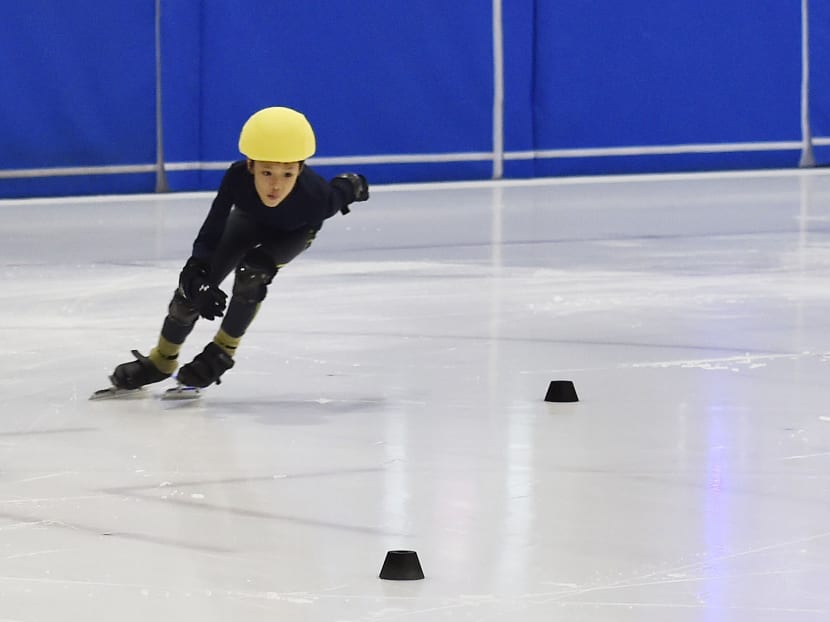 Brandon Pok, 8, taking part in the Short Track Speed Skating category at the 2014 Inter School Ice Skating Competition  at The Rink@JCube. Photo: Raj Nadarajan