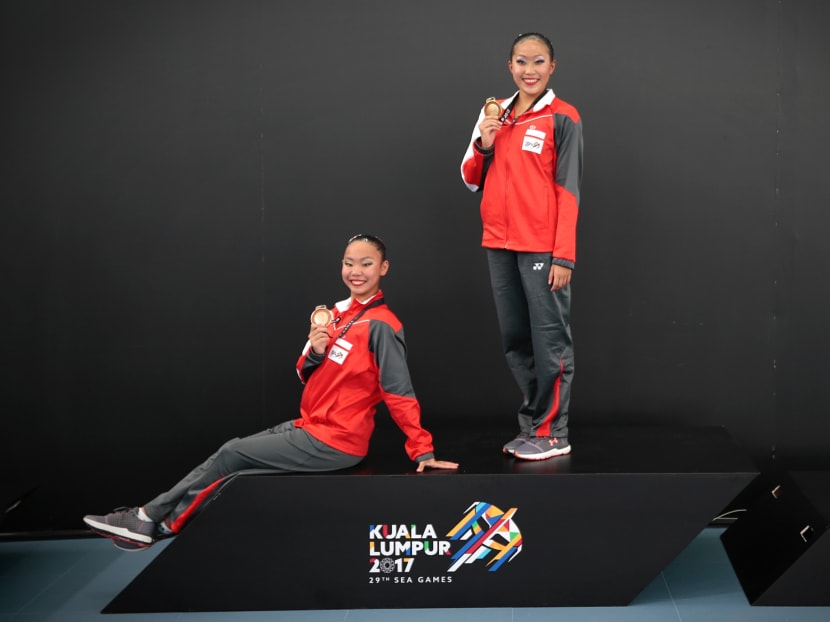 Singapore's Debbie Soh (right) and Miya Yong finished first and third respectively in the women's solo free routine. Photo: Jason Quah/TODAY