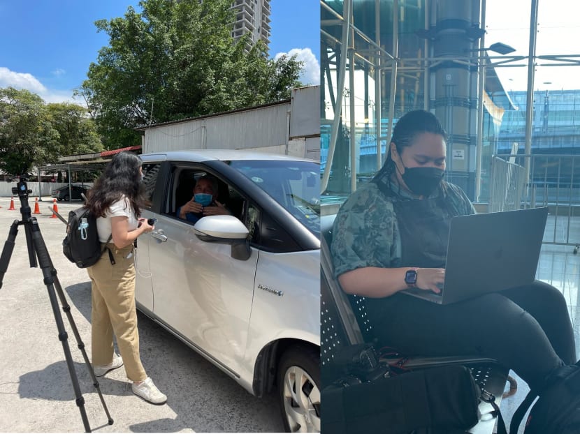 TODAY journalist Loraine Lee (left) interviewing a driver at a petrol kiosk near JB Sentral and TODAY photographer Ili Nadhirah Mansor working at a waiting area in JB Sentral.