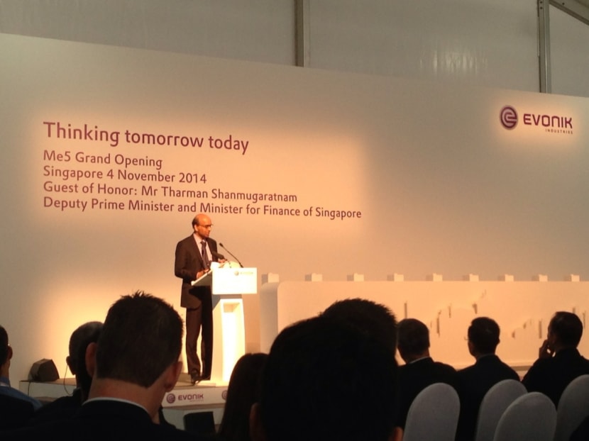 Deputy Prime Minister and Minister for Finance Tharman Shanmugaratnam speaking at the opening of a new German specialty chemicals company Evonik. Photo: Lee Yen Nee