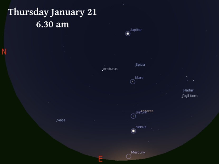 Mercury makes its first appearance on Thursday, January 21. It's very low on the horizon though, so you will definitely need a clear view to the east! Photo via Science Centre Observatory Facebook Mercury makes its first appearance on Thursday, January 21. It's very low on the horizon though, so you will definitely need a clear view to the east! Photo via Science Centre Observatory Facebook