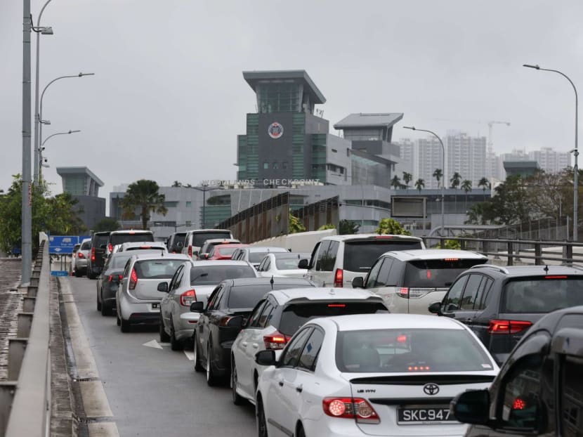 Heavy departing car traffic bound for Johor Bahru, Malaysia seen at the Woodlands Checkpoint, on Jan 20, 2023.