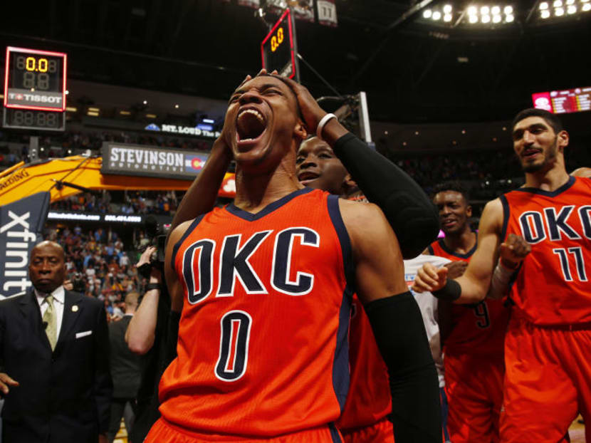 Russell Westbrook celebrating after hitting a buzzer-beating three-point shot to win the game for the Oklahoma City Thunder against the Denver Nuggets. Photo: AP