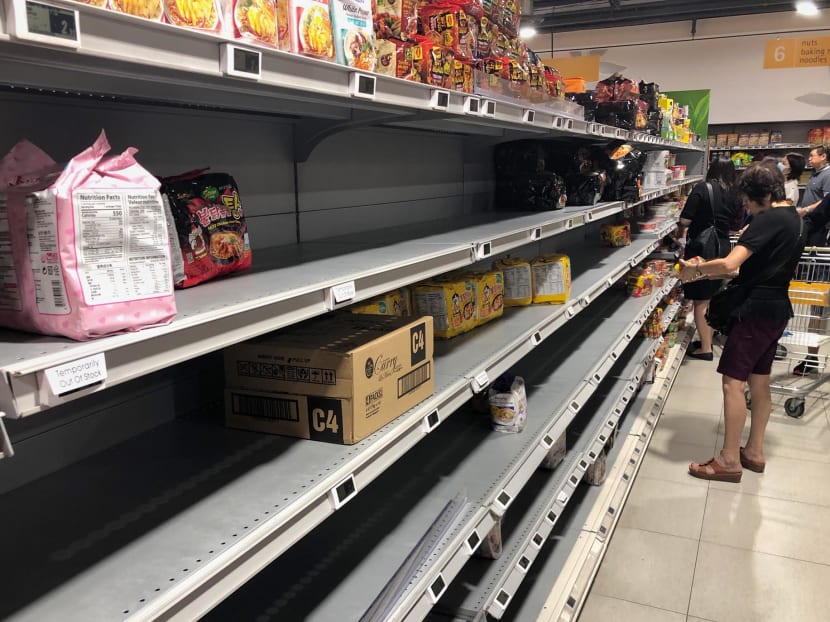 Near-empty shelves at a FairPrice Finest supermarket in Bukit Timah Plaza on Feb 7, 2020. Near-empty shelves at a FairPrice Finest supermarket in Bukit Timah Plaza on Feb 7, 2020.