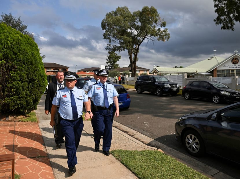 Police depart the Assyrian Christ The Good Shepherd Church in Sydney, Australia on April 17, 2024 after a knife attack took place during a service there on April 15.