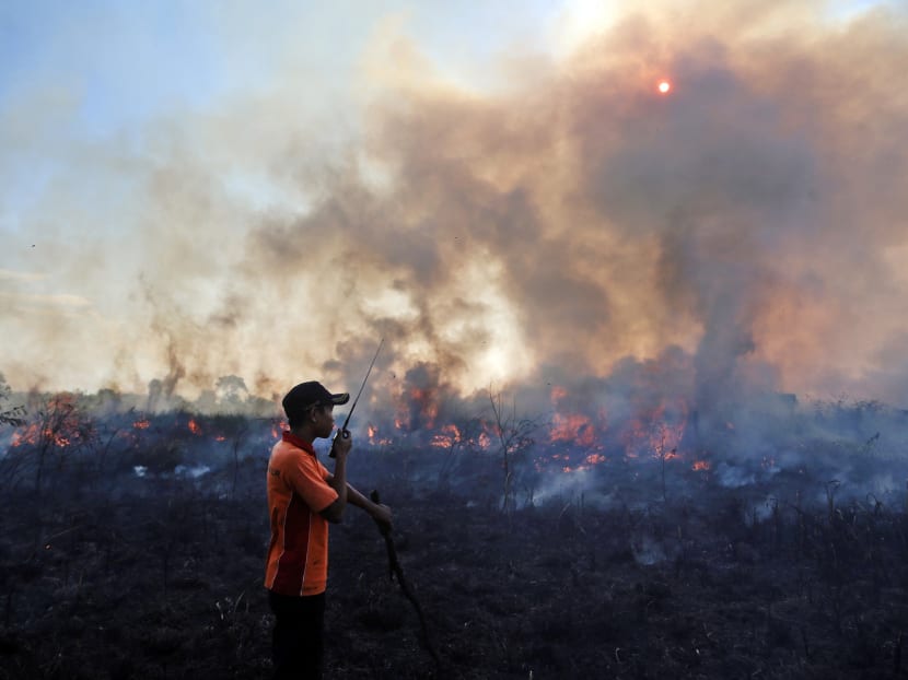 A fireman talks on his walkie talkie as he and his team battle peatland fire on a field in Pemulutan, South Sumatra, Indonesia. AP file photo