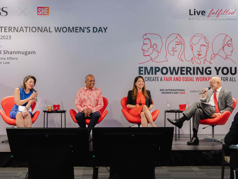 From left: Ms Stefanie Yuen Thio, chairperson of SG Her Empowerment, Law and Home Affairs Minister K Shanmugam, Ms Tan Su Shan, group head of institutional banking at DBS, and Mr Piyush Gupta, chief executive officer of DBS.