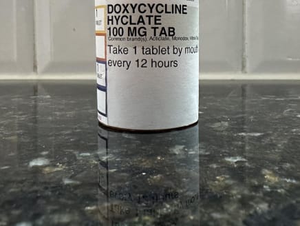 This handout photo shows a bottle of Doxycycline Hyclate 100mg medication on Aug 7, 2023.