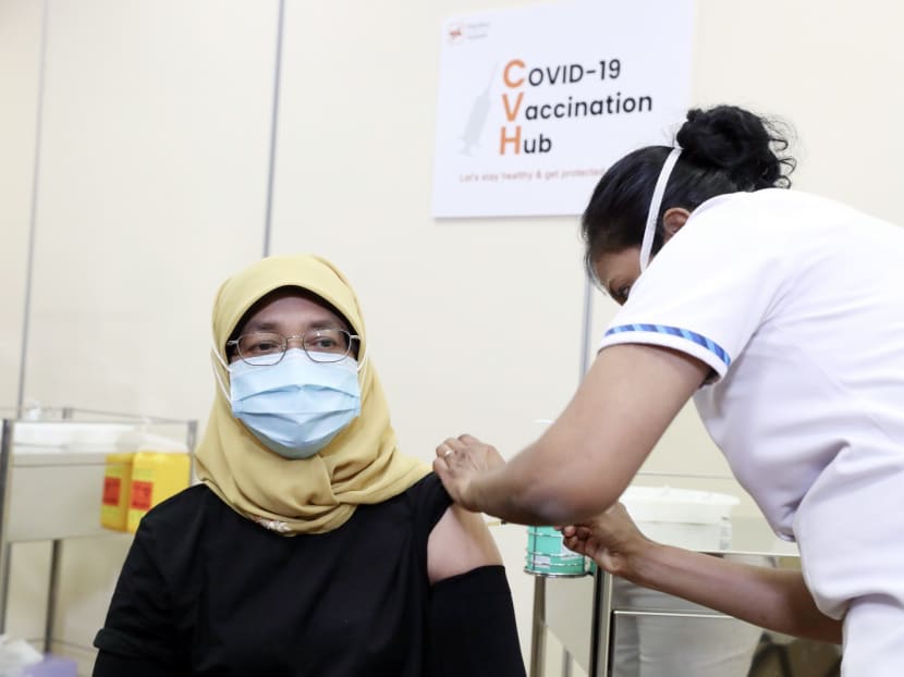 In a message shared to the media following her polyclinic visit, President Halimah Yacob urged Singaporeans and long-term residents to get vaccinated when their turn comes. In a message shared to the media following her polyclinic visit, President Halimah Yacob urged Singaporeans and long-term residents to get vaccinated when their turn comes.