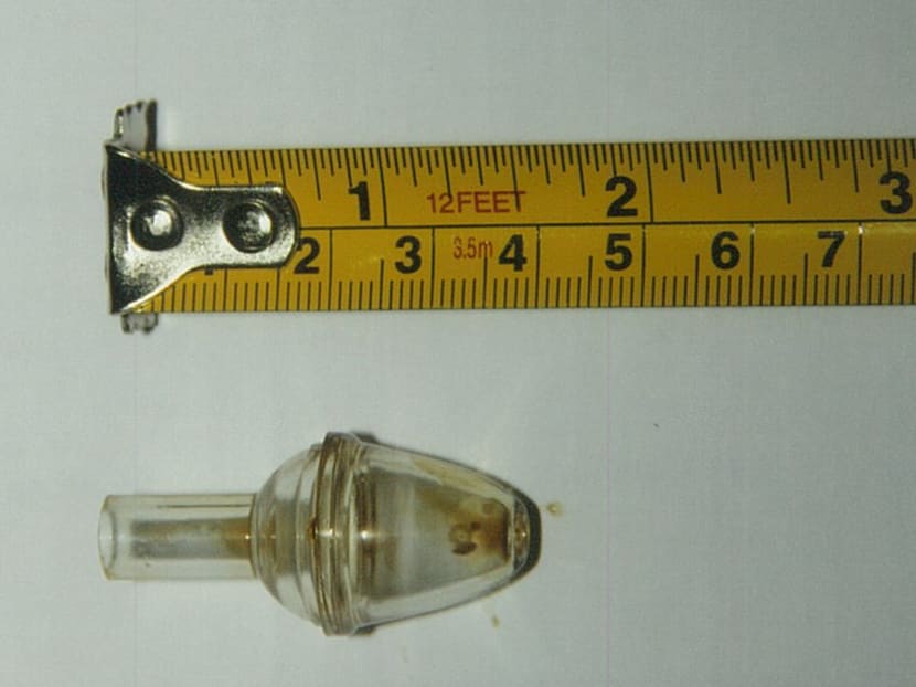 A 4cm-long suction cap that had fallen into a bed-ridden boy's mouth, which an Indonesian maid had tried to forcefully remove. Photo: Attorney-General's Chamber
