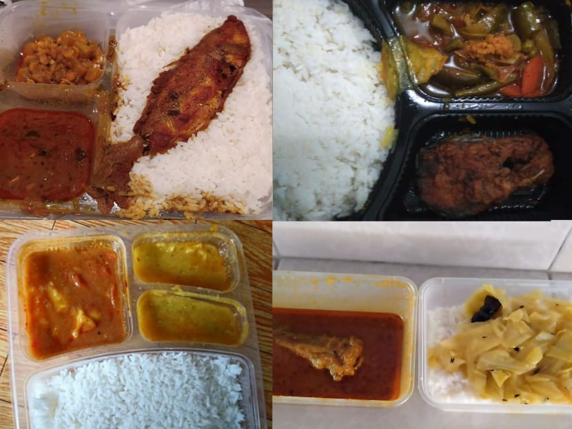 Handout images of meals served in various dormitories, from foreign workers that TODAY spoke to. Clockwise from top left: Jurong Penjuru Dormitory 2, Tampines Dormitory, Tuas View Dormitory and North Coast Lodge. Photos courtesy of Rahman Mahbobor, Mundla Anil Kumar, Mr Sohrab, Mr Raj.