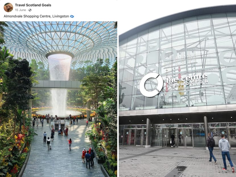 A Facebook post referring to Jewel Changi Airport's Rain Vortex (left) as 'Almondvale Shopping Centre, Livingston' (right) in Scotland has caught the attention of Singapore online users.